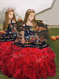 Most Popular Red Lace Up Straps Embroidery and Ruffles Little Girls Pageant Gowns Organza Sleeveless