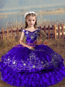 Purple Off The Shoulder Neckline Embroidery and Ruffled Layers Pageant Dress Toddler Sleeveless Lace Up