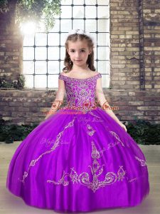 Wonderful Sleeveless Floor Length Beading Lace Up Glitz Pageant Dress with Purple
