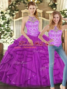 High End Purple Halter Top Neckline Beading and Ruffles Vestidos de Quinceanera Sleeveless Lace Up