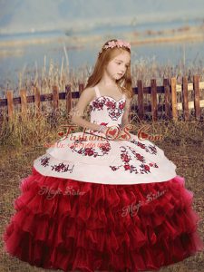 High Class Long Sleeves Lace Up Floor Length Embroidery and Ruffled Layers Kids Formal Wear