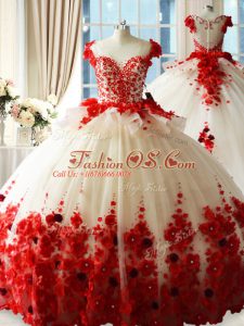 Red Ball Gowns Tulle Scoop Sleeveless Hand Made Flower Zipper 15th Birthday Dress Brush Train