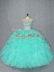 Aqua Blue Scoop Lace Up Beading 15th Birthday Dress Sleeveless