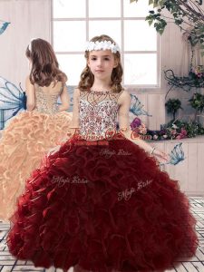 Organza Scoop Sleeveless Lace Up Beading and Ruffles Pageant Gowns For Girls in Burgundy
