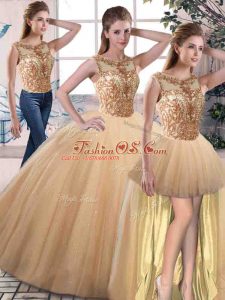 Exceptional Gold Tulle Lace Up Ball Gown Prom Dress Sleeveless Floor Length Beading