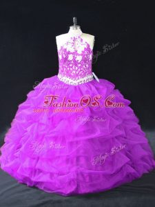 Halter Top Sleeveless Quince Ball Gowns Floor Length Beading and Pick Ups Purple Organza