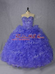 Designer Beading Quinceanera Gowns Lavender and Purple Lace Up Sleeveless Brush Train
