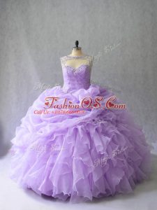 Lavender Ball Gowns Scoop Sleeveless Organza Brush Train Lace Up Beading and Ruffles Quince Ball Gowns