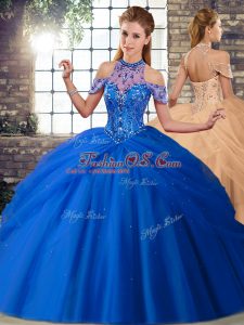 Lace Up 15 Quinceanera Dress Blue for Military Ball and Sweet 16 and Quinceanera with Beading and Pick Ups Brush Train