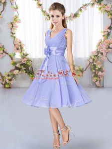 Hot Selling Lavender V-neck Neckline Hand Made Flower Bridesmaids Dress Sleeveless Lace Up
