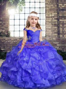 Low Price Straps Sleeveless Little Girls Pageant Dress Floor Length Beading and Ruffles Blue Organza
