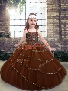Sleeveless Lace Up Floor Length Beading and Ruffled Layers Little Girls Pageant Gowns