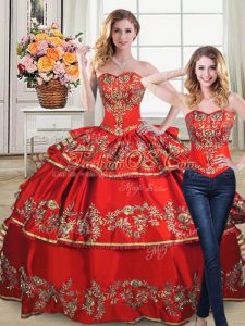 Elegant Sweetheart Sleeveless Satin and Organza Ball Gown Prom Dress Embroidery and Ruffled Layers Lace Up