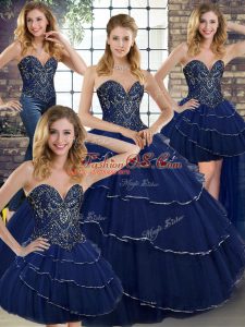 Extravagant Navy Blue Quince Ball Gowns Military Ball and Sweet 16 and Quinceanera with Beading and Ruffled Layers Sweetheart Sleeveless Brush Train Lace Up