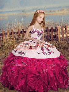 Hot Pink Sleeveless Organza Lace Up Little Girl Pageant Gowns for Party and Sweet 16 and Wedding Party