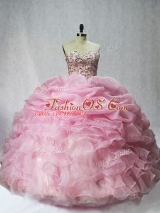 Best Baby Pink Sleeveless Floor Length Beading and Ruffles and Pick Ups Lace Up Vestidos de Quinceanera