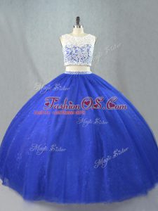 Scoop Sleeveless Sweet 16 Dress Floor Length Lace Royal Blue Tulle