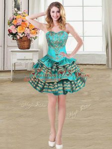 Lovely Teal Ball Gowns Sweetheart Sleeveless Taffeta Mini Length Lace Up Embroidery and Ruffled Layers Celebrity Inspired Dress