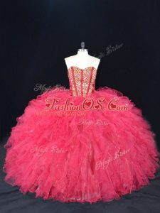 Coral Red Ball Gowns Beading and Ruffles Quinceanera Gown Lace Up Tulle Sleeveless
