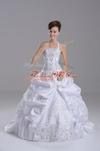 Pretty Taffeta Halter Top Sleeveless Brush Train Lace Up Beading and Embroidery and Pick Ups Wedding Dress in White