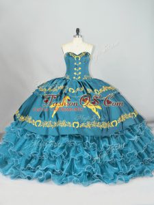 Latest Teal Lace Up Sweetheart Embroidery and Ruffled Layers Quinceanera Gowns Satin and Organza Sleeveless Brush Train