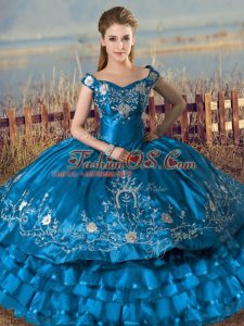 Floor Length Teal 15th Birthday Dress Satin and Organza Sleeveless Embroidery and Ruffles