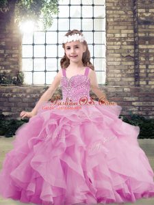Trendy Beading and Ruffles Pageant Dress for Girls Lilac Lace Up Sleeveless Floor Length