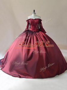 Discount Burgundy Satin Lace Up Quince Ball Gowns Long Sleeves Brush Train Beading
