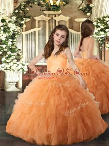 Lovely Orange Tulle Lace Up Little Girls Pageant Dress Wholesale Sleeveless Floor Length Ruffles