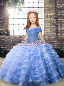 Sleeveless Beading and Ruffled Layers Lace Up Little Girls Pageant Dress Wholesale with Blue Brush Train
