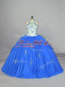 Sophisticated Sleeveless Tulle Floor Length Lace Up Quinceanera Dress in Blue with Appliques and Embroidery