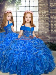 Blue Sleeveless Floor Length Beading and Ruffles Lace Up Girls Pageant Dresses