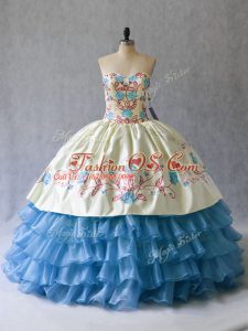Satin and Organza Sweetheart Sleeveless Lace Up Embroidery and Ruffled Layers Sweet 16 Dress in Blue And White