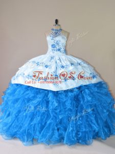 Blue Lace Up Halter Top Embroidery and Ruffles Vestidos de Quinceanera Organza Sleeveless Court Train