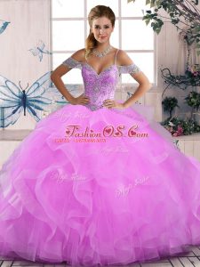 Most Popular Lilac Ball Gowns Tulle Off The Shoulder Sleeveless Beading and Ruffles Floor Length Lace Up 15 Quinceanera Dress