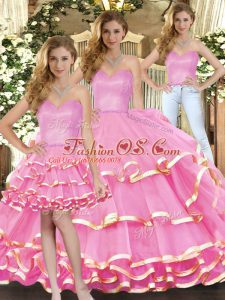Sophisticated Floor Length Lace Up Vestidos de Quinceanera Rose Pink for Military Ball and Sweet 16 and Quinceanera with Ruffled Layers