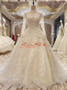 Customized White Tulle Lace Up Wedding Dresses Long Sleeves Court Train Appliques