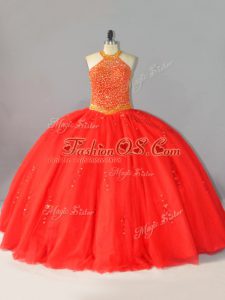 Classical Sleeveless Tulle Floor Length Lace Up 15 Quinceanera Dress in Coral Red with Beading