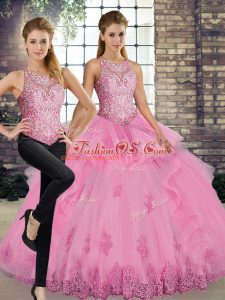 Rose Pink Tulle Lace Up Quince Ball Gowns Sleeveless Floor Length Lace and Embroidery and Ruffles