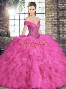 Hot Pink Ball Gowns Off The Shoulder Sleeveless Tulle Floor Length Lace Up Beading and Ruffles 15 Quinceanera Dress