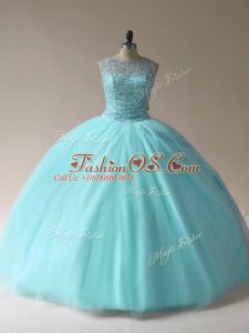 Floor Length Aqua Blue Sweet 16 Quinceanera Dress Scoop Sleeveless Lace Up