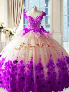 Ball Gowns Sleeveless White And Purple Sweet 16 Dress Brush Train Zipper