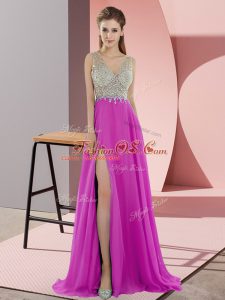 Simple Fuchsia Sleeveless Beading Zipper Celebrity Evening Dresses