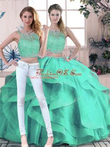 Turquoise Scoop Zipper Beading and Ruffles Quince Ball Gowns Sleeveless