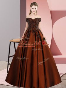 Ideal Brown A-line Satin Off The Shoulder Sleeveless Lace and Appliques Floor Length Zipper Quinceanera Gowns