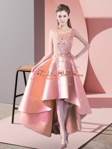Sexy Sleeveless High Low Lace Zipper Dama Dress for Quinceanera with Peach