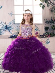 Floor Length Lace Up Little Girls Pageant Dress Wholesale Purple for Party and Military Ball and Wedding Party with Beading and Ruffles