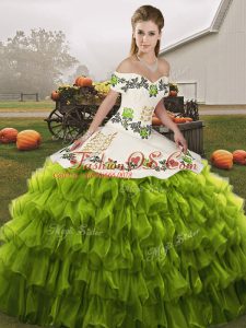 Olive Green Sleeveless Floor Length Embroidery and Ruffled Layers Lace Up Sweet 16 Quinceanera Dress