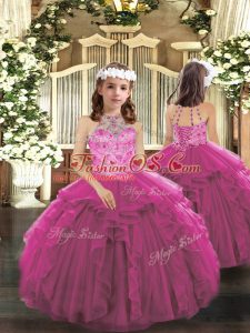 Halter Top Sleeveless Lace Up Pageant Gowns For Girls Fuchsia Tulle