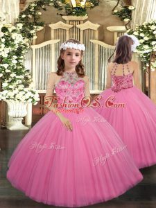 Hot Sale Rose Pink Lace Up Halter Top Beading Kids Formal Wear Tulle Sleeveless